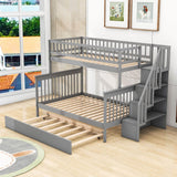 Wooden Twin Over Full Bunk Bed with Stairs and Trundle, Storage Shelves