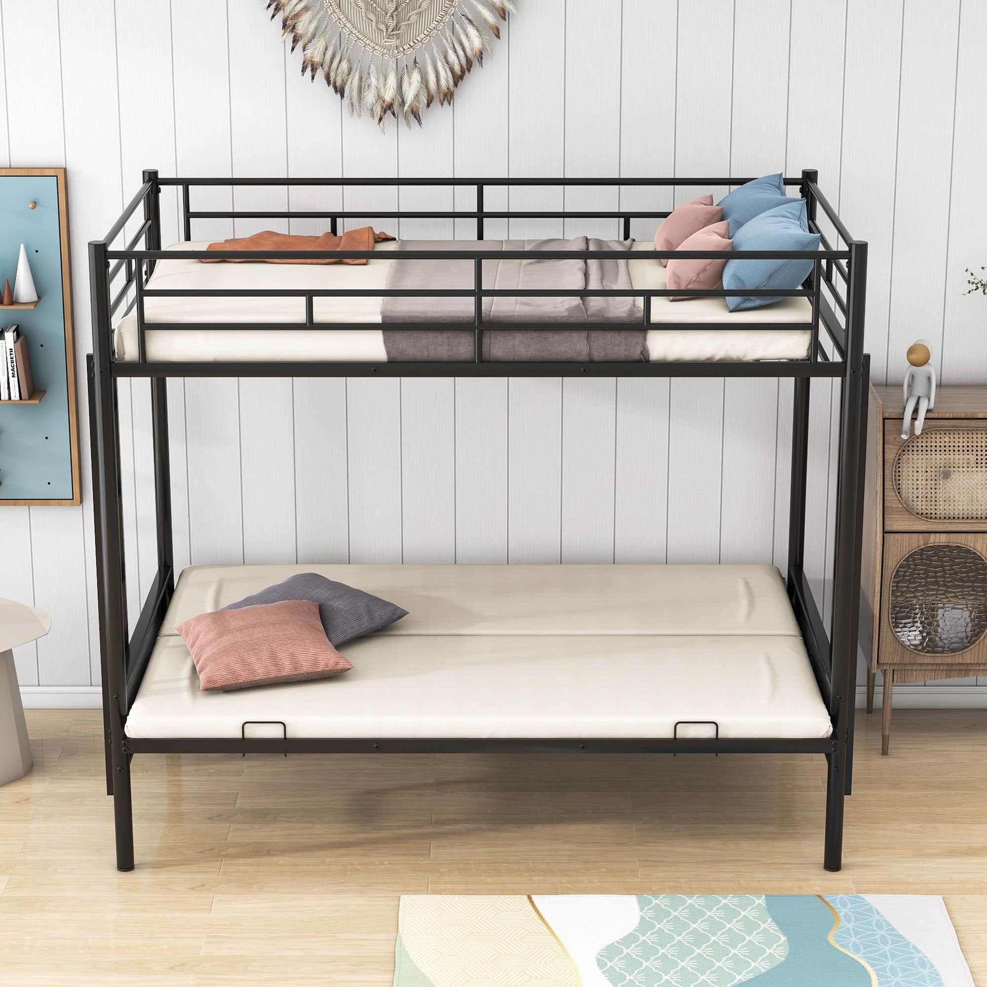 Twin Over Full Futon Bunk Beds with 2 Ladders - [Black, Metal]