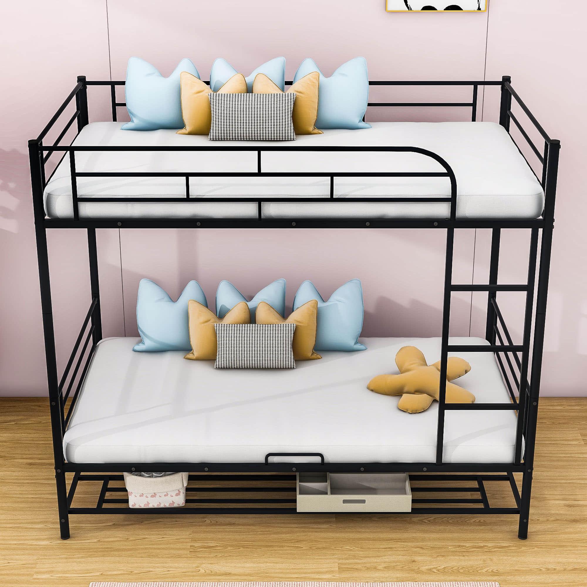 Metal Twin Over Twin Convertible Bunk Beds for Adults Kids with Storage