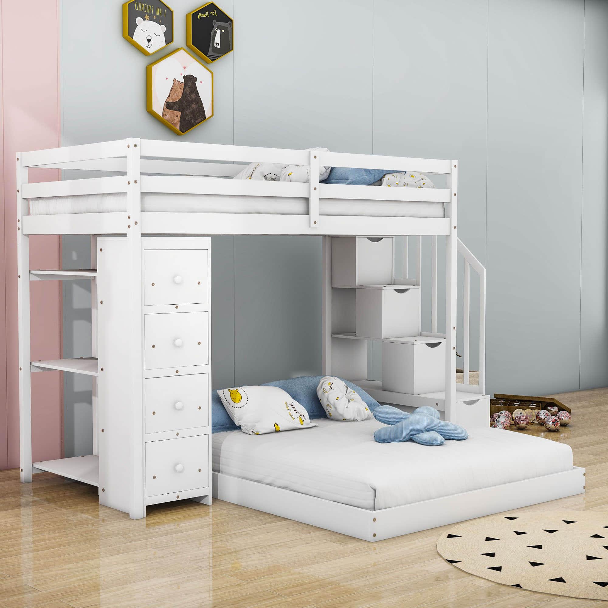 L-Shaped Twin Over Full Floor Bunk Beds for Toddlers, Kids with Stairs