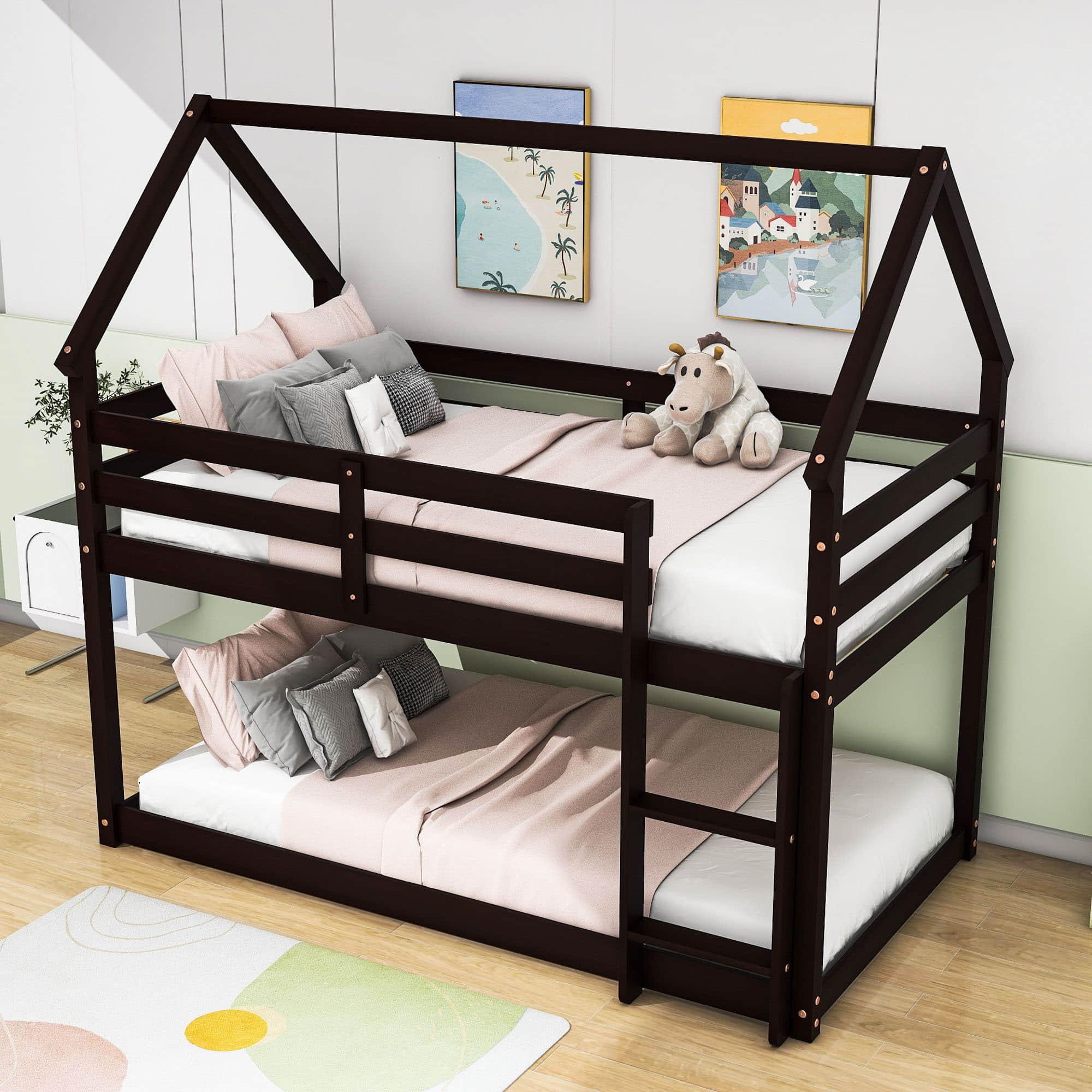 Small Low Twin Over Twin House Floor Bunk Beds for Kids, Toddler