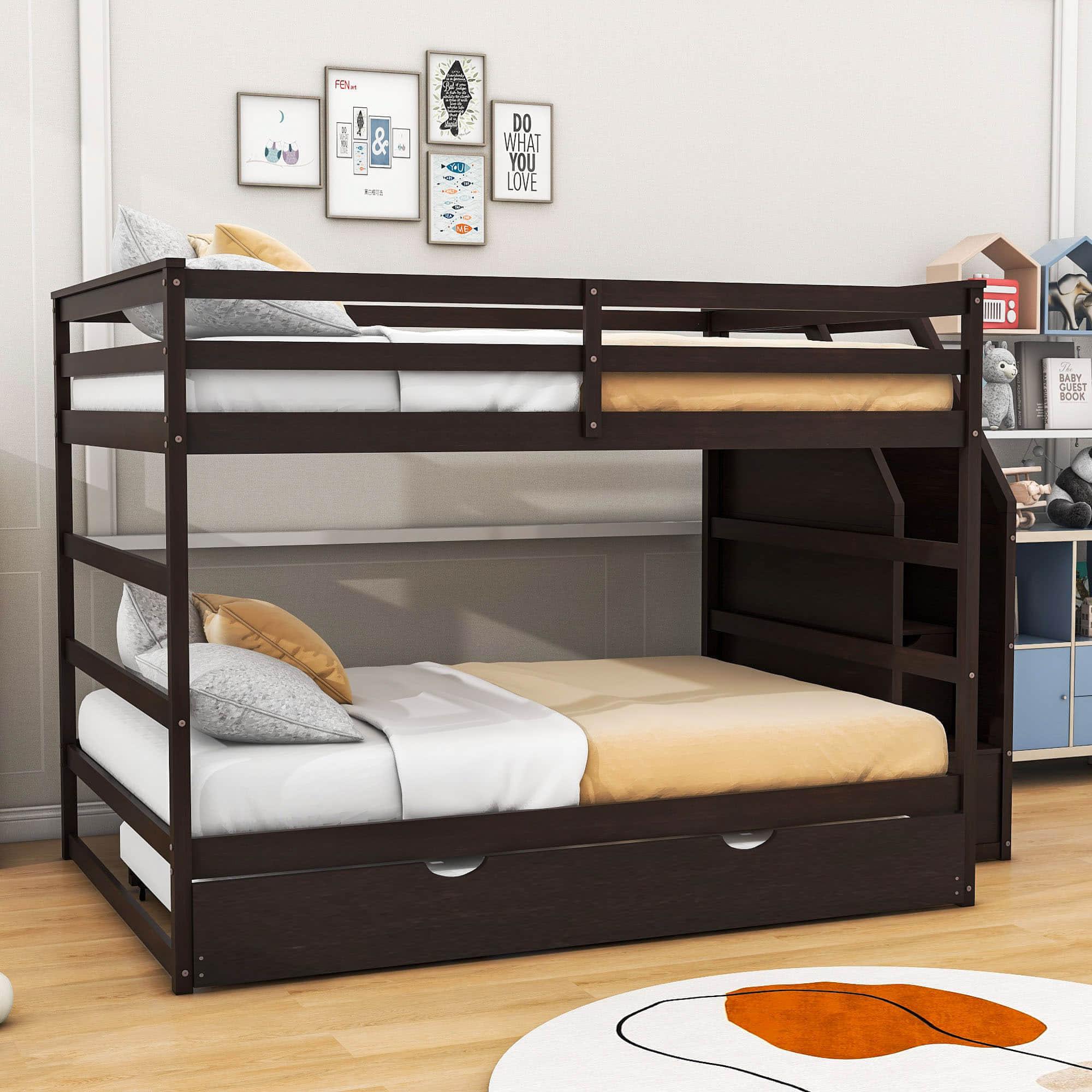 Full Over Full Bunk Beds with Stairs and Storage, Trundle - [Wood, Cabinets]