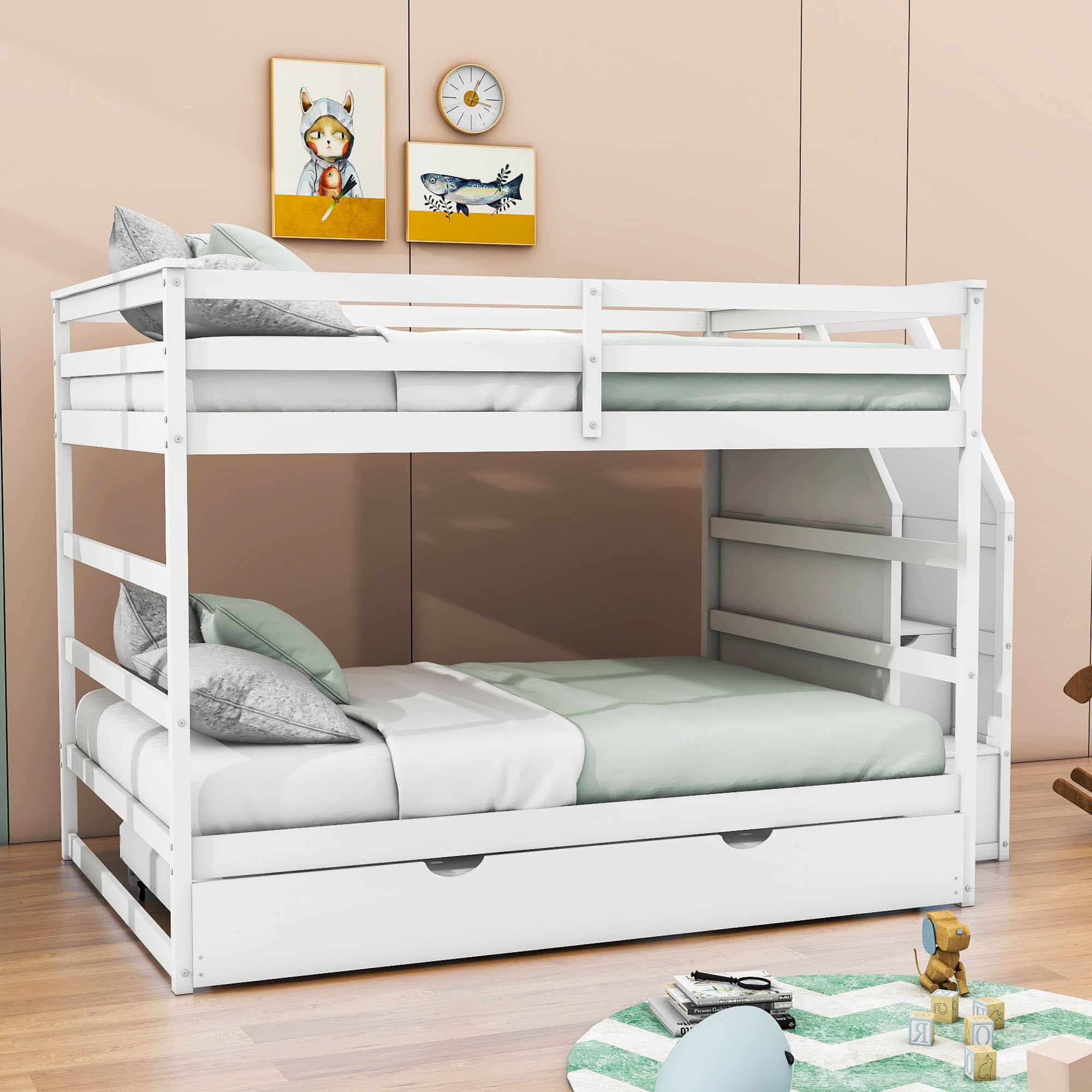 Full Over Full Bunk Beds with Stairs and Storage, Trundle - [Wood, Cabinets]