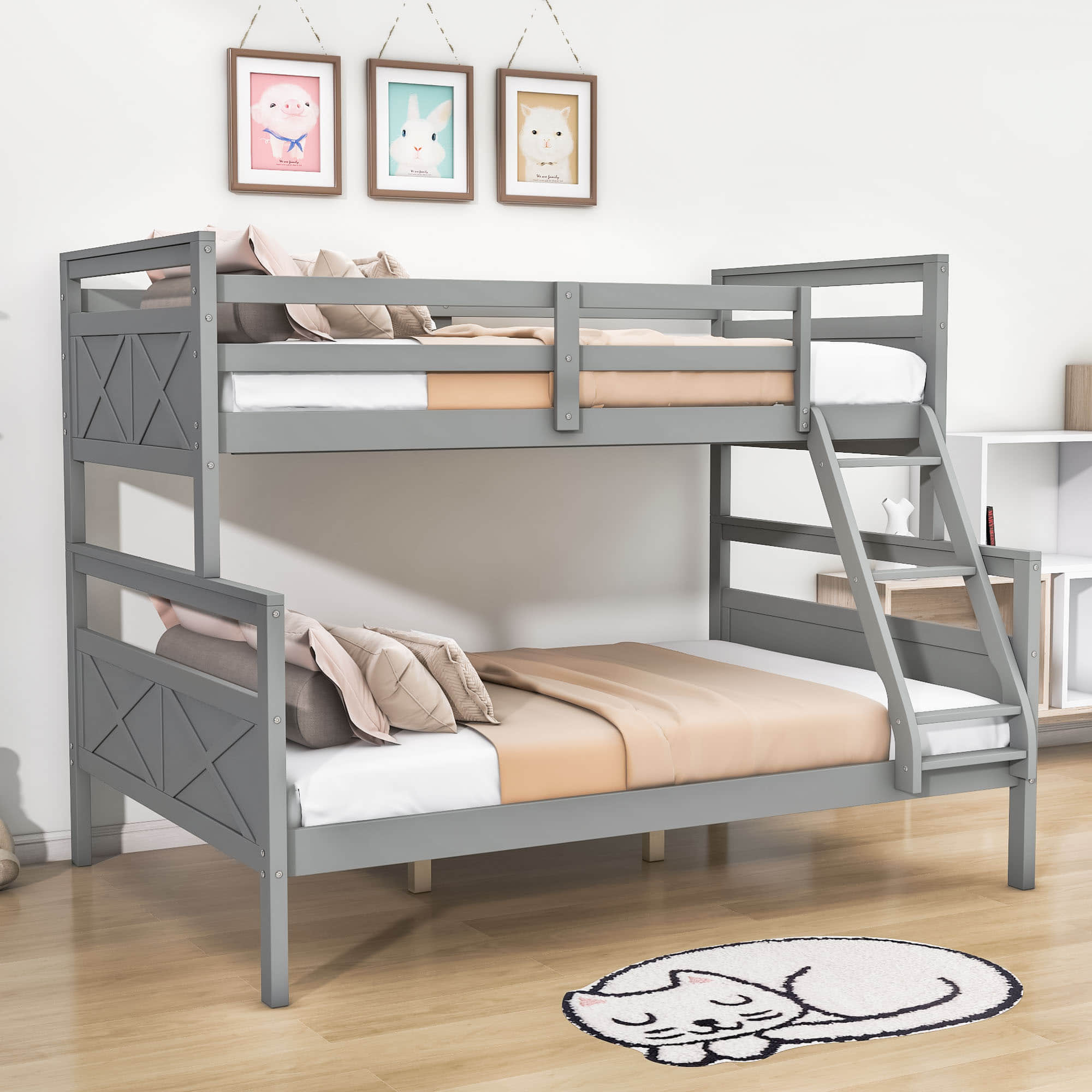 Wooden Twin Over Full Convertible Bunk Bed for Kids, Adults