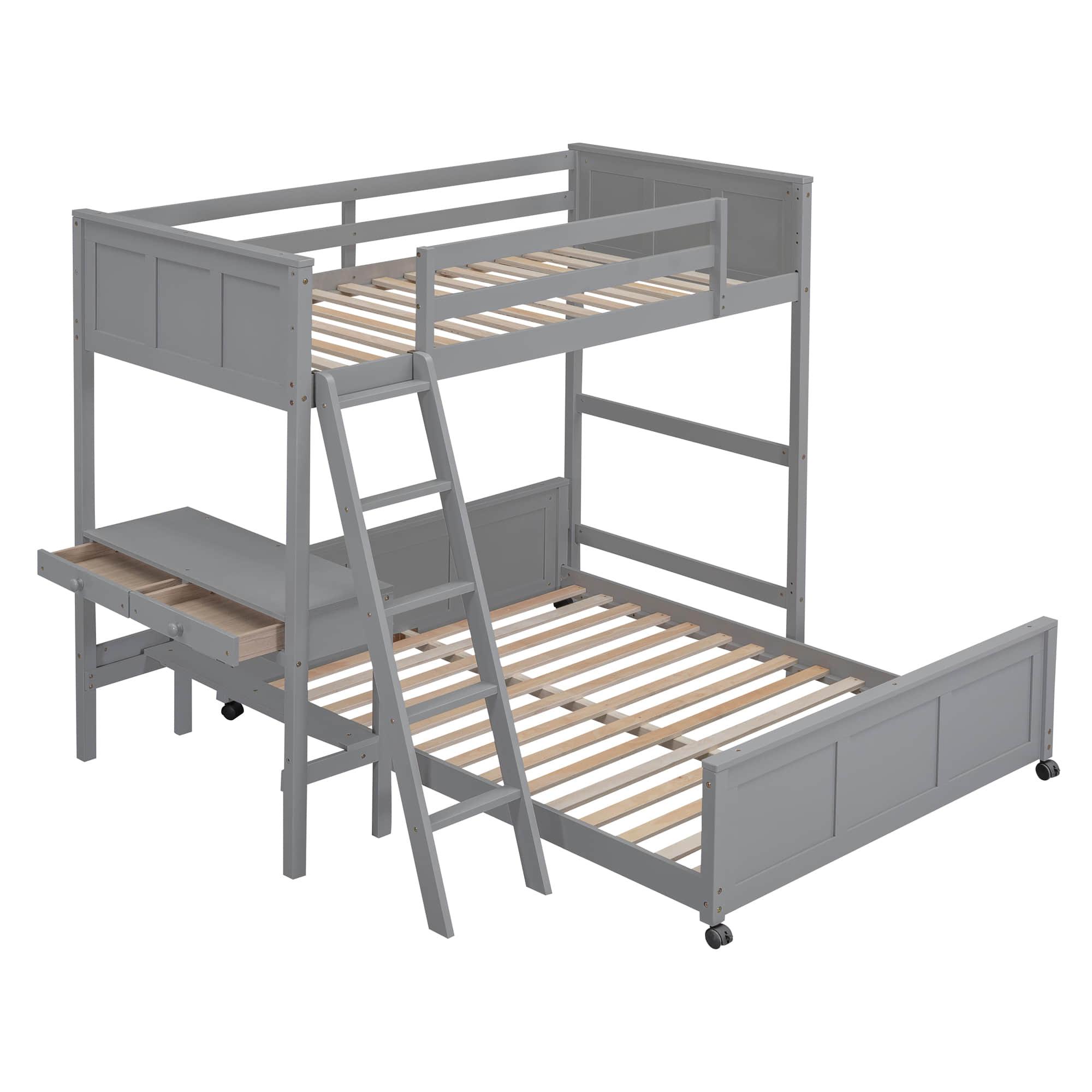 L-Shaped Twin Over Full Bunk Beds with Desk and Storage Drawers Wooden