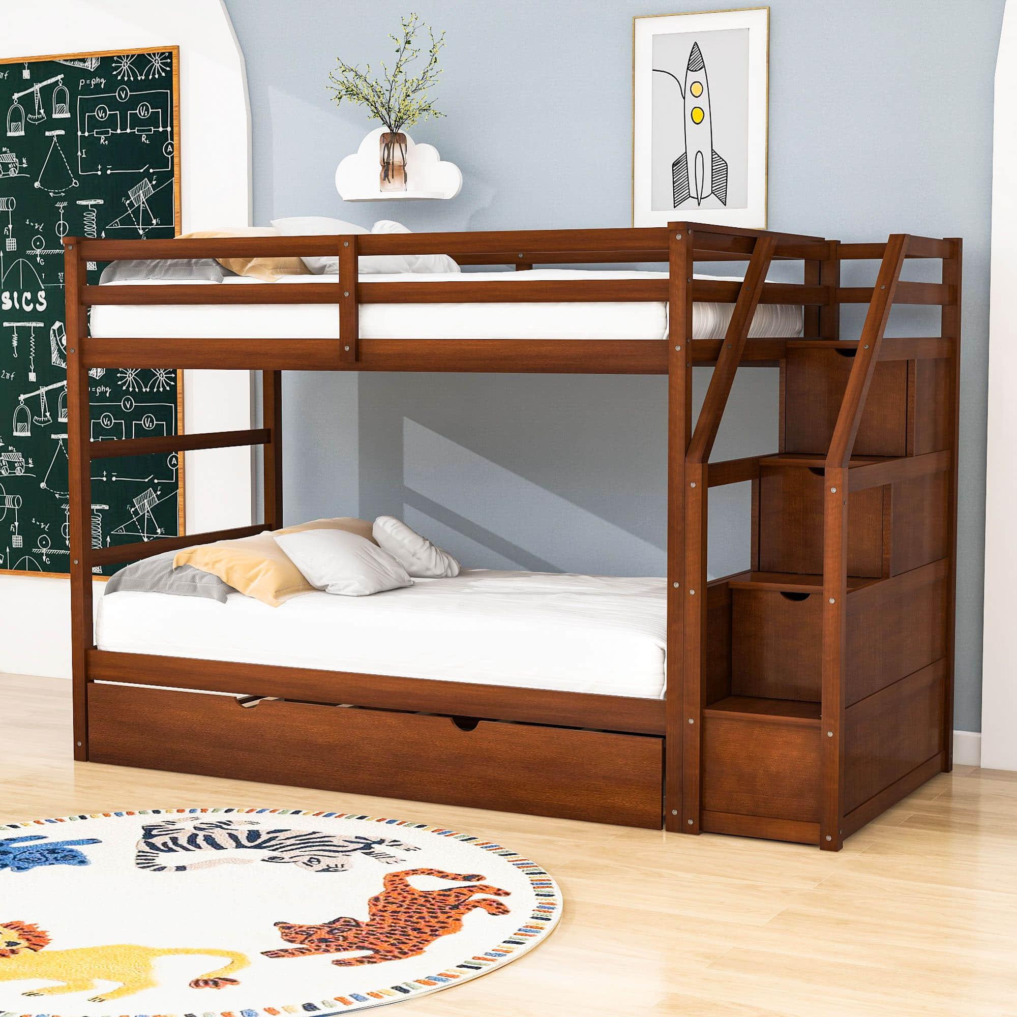 Low Twin Over Twin Bunk Beds for Kids with Storage Stairs and Trundle