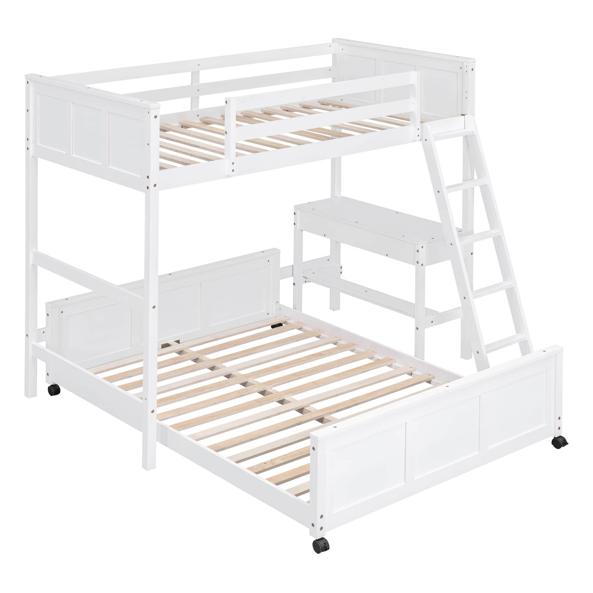 L-Shaped Twin Over Full Bunk Beds with Desk and Storage Drawers Wooden