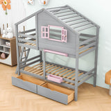 Wood Twin Over Twin Kids House Bunk Beds with Storage - [Drawers, Shelf]