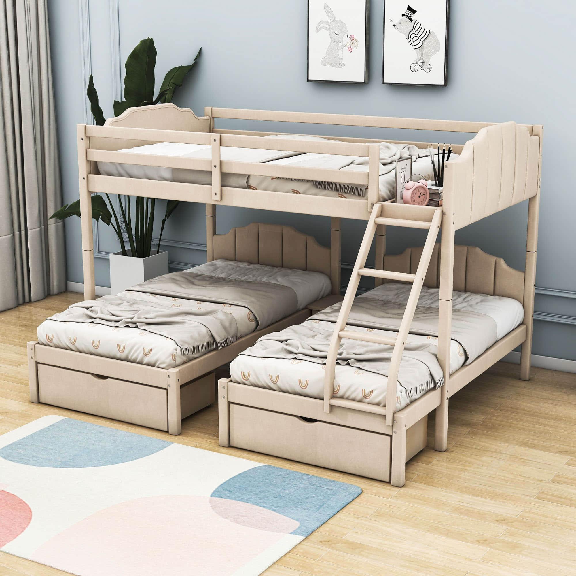 Upholstered Full Over Twin & Twin Triple Bunk Bed with Storage - [Drawers, L-Shaped]