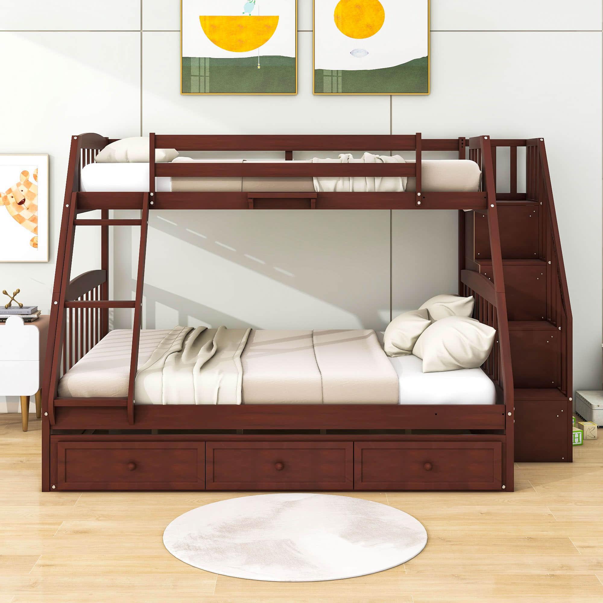 Twin Over Full Bunk Beds with Stairs and Storage Drawers - [Wooden, Convertible]