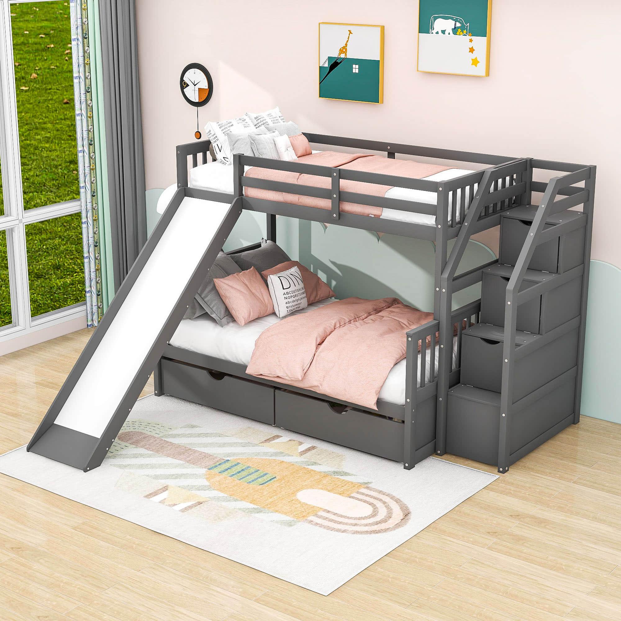 Twin Over Full Bunk Beds with Slide and Stairs, Storage for Kids - [Drawers, Cabinet]