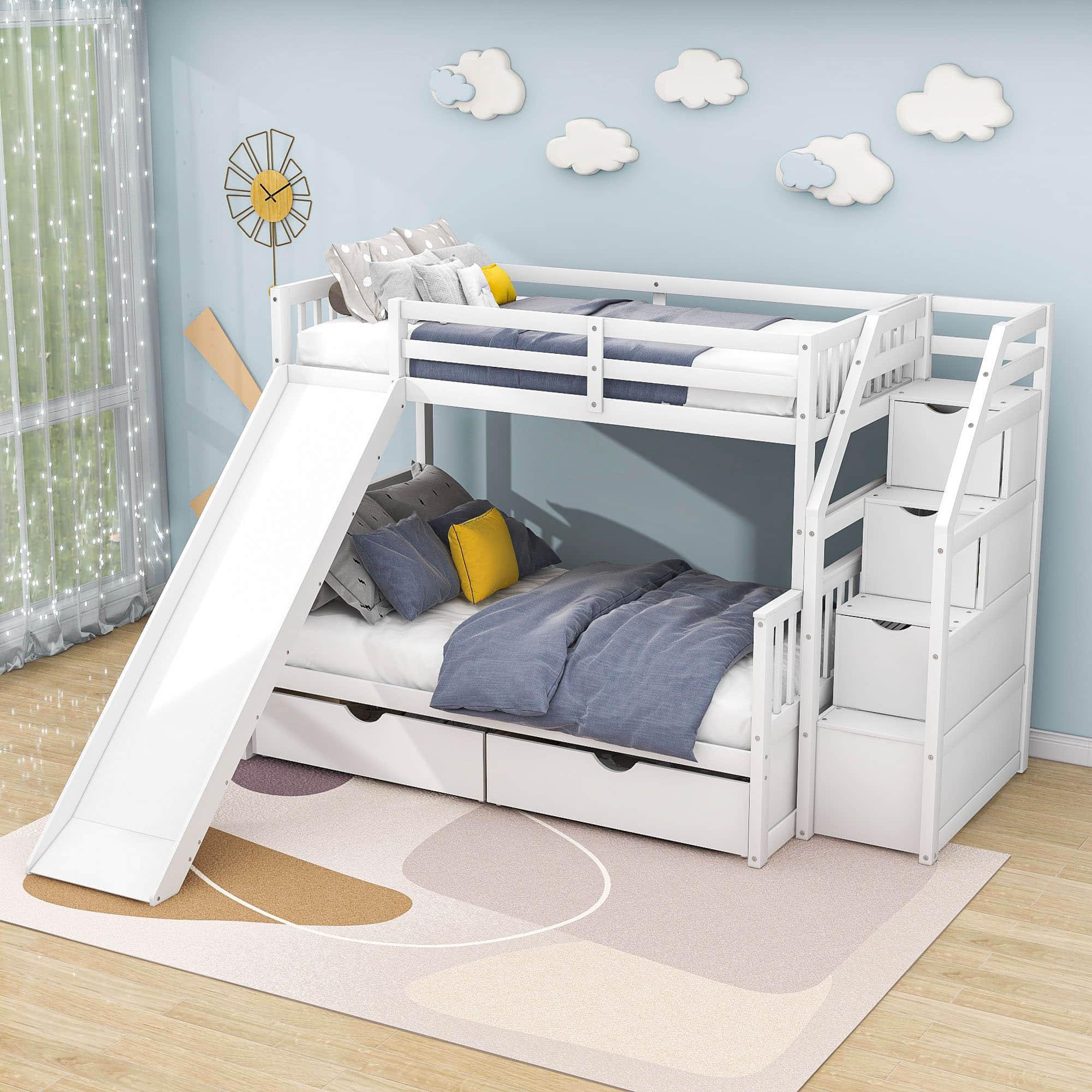 Twin Over Full Bunk Beds with Slide and Stairs, Storage for Kids - [Drawers, Cabinet]