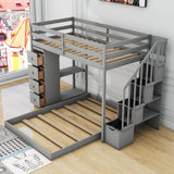 L-Shaped Twin Over Full Floor Bunk Beds for Toddlers, Kids with Stairs