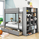 Wooden Twin Over Twin Bunk Beds with Storage Drawers, Shelves