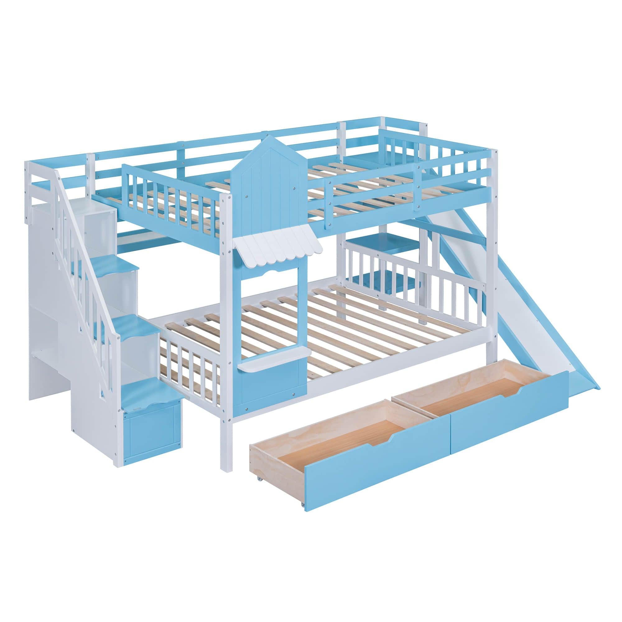 Full Over Full Castle Bunk Beds with Stairs and Slide for Girls, Boys