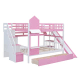 Full Over Full Castle Bunk Beds with Stairs and Slide for Girls, Boys