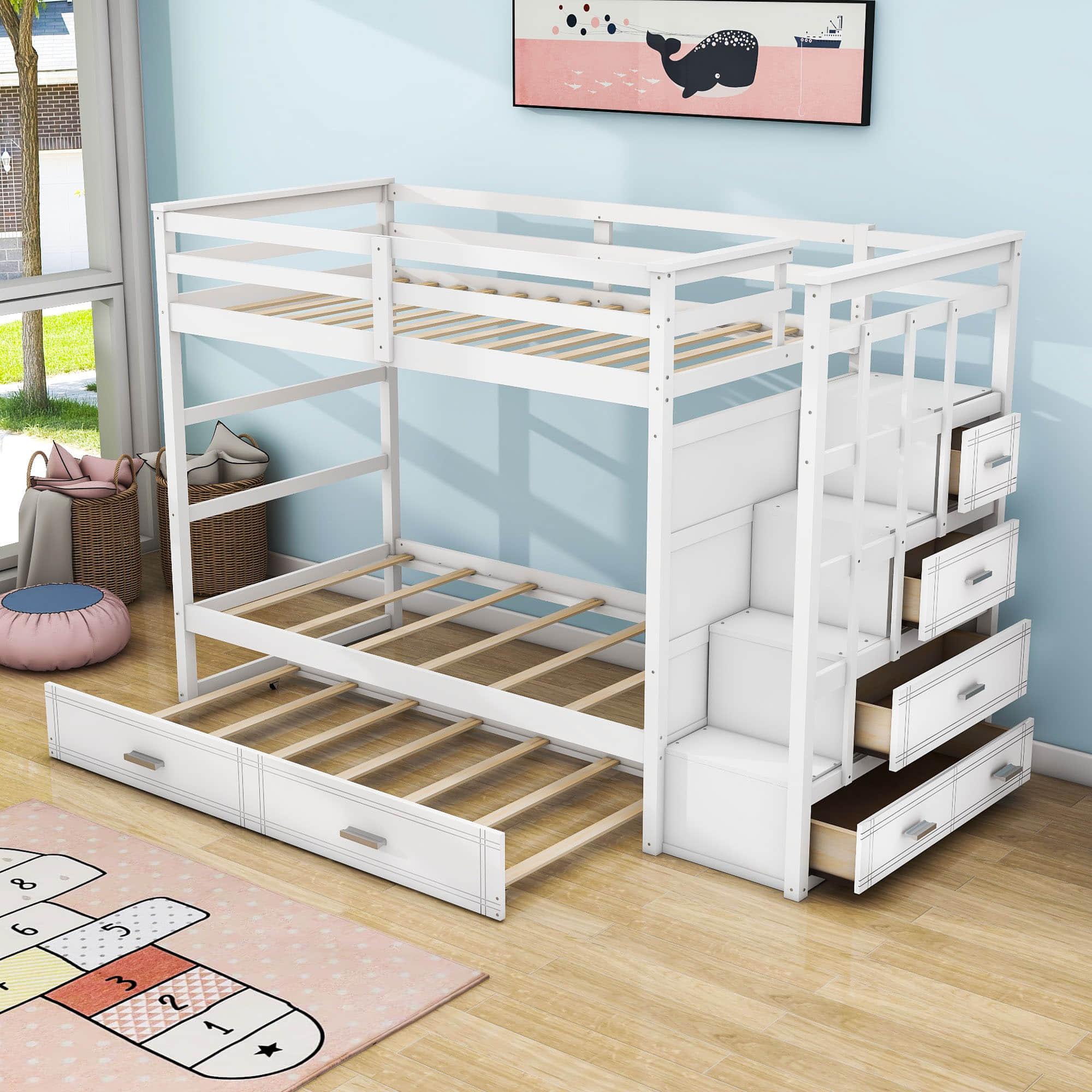 Twin Over Twin Bunk Beds with Stairs, Storage and Trundle - [Wooden, Drawers]