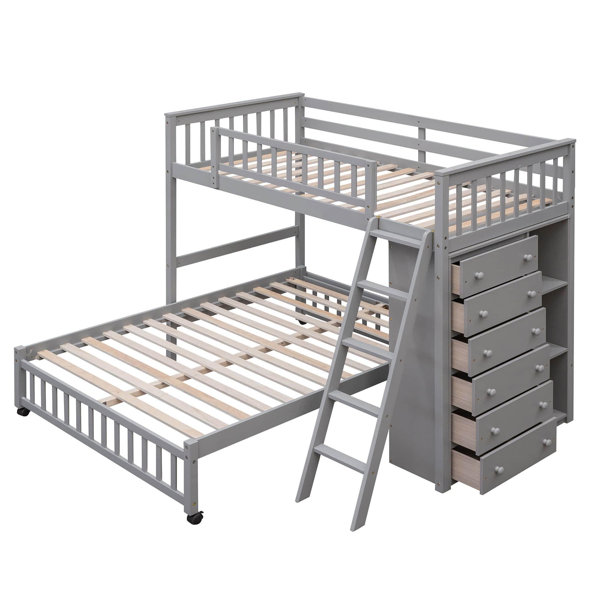 Wooden L-Shaped Twin Over Full Adult Bunk Beds with Storage - [Drawers]