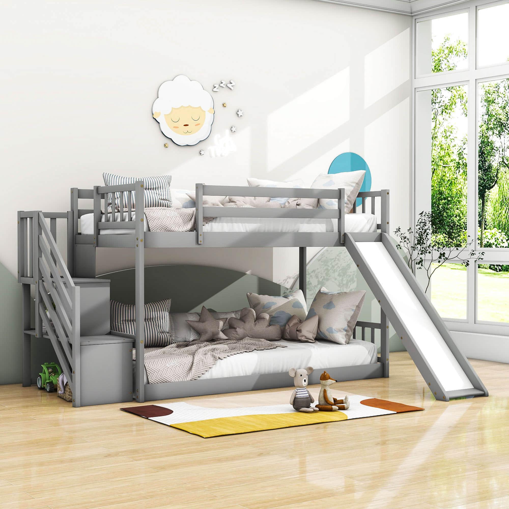 Low Twin Over Twin Toddler Bunk Beds with Stairs and Slide - [Floor]