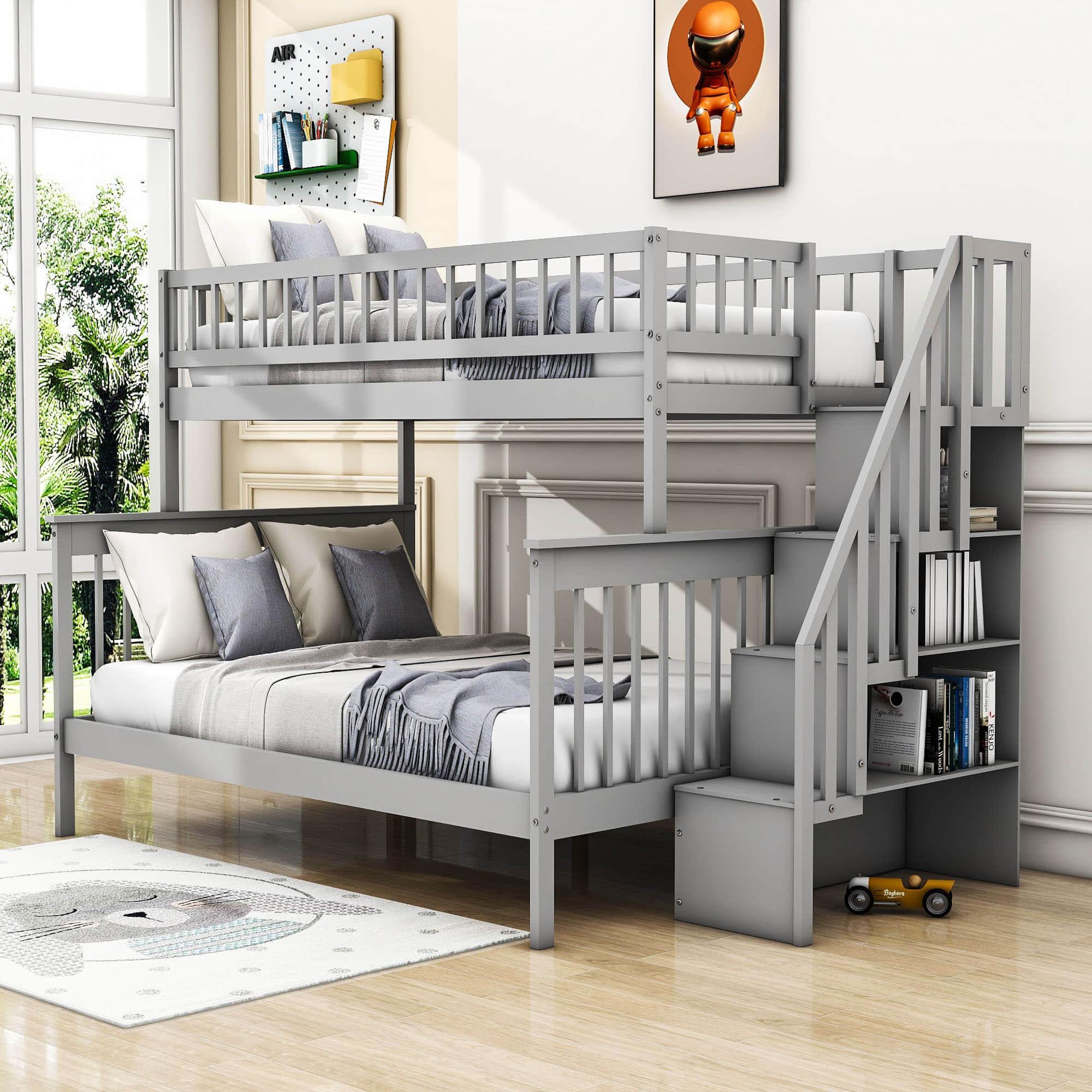 Twin Over Full Wooden Bunk Beds with Stairs and Storage Shelves