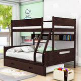 Wooden Twin Over Full Bunk Beds with Trundle and Storage Bookshelves