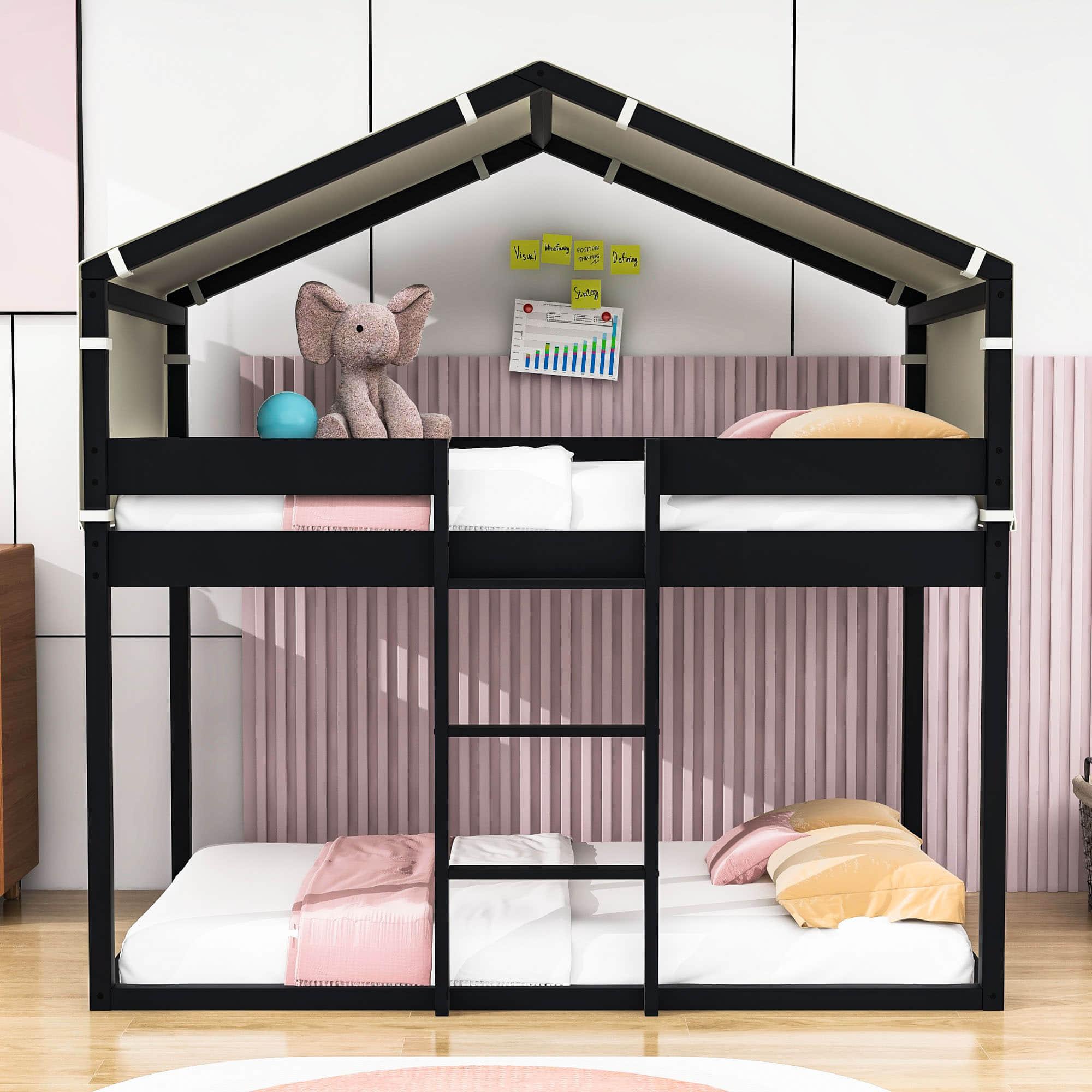 Solid Wood Low Twin Over Twin House Bunk Beds with Tent for Kids Toddler