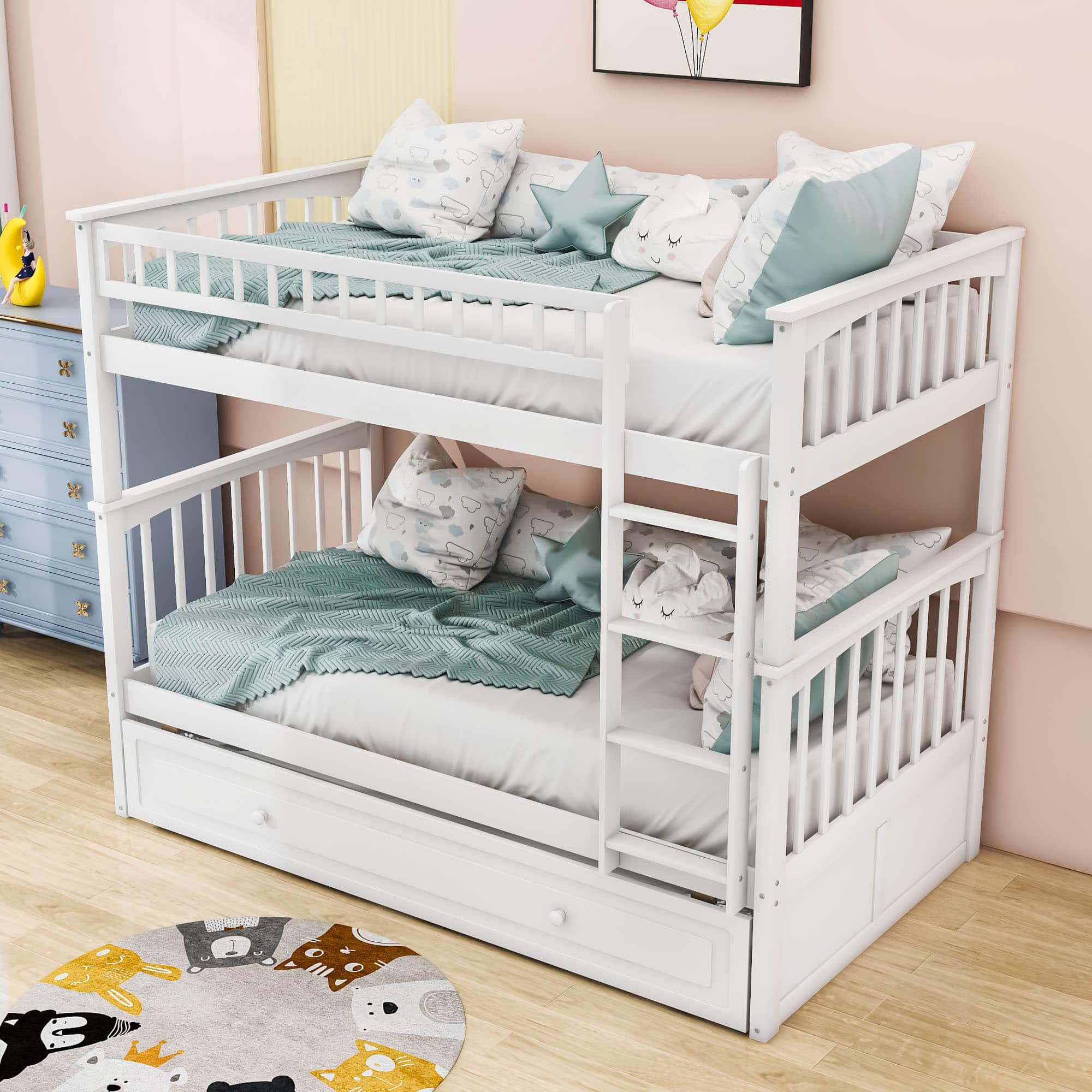 Twin Over Twin Convertible Bunk Bed with Twin Trundle - [Wooden]