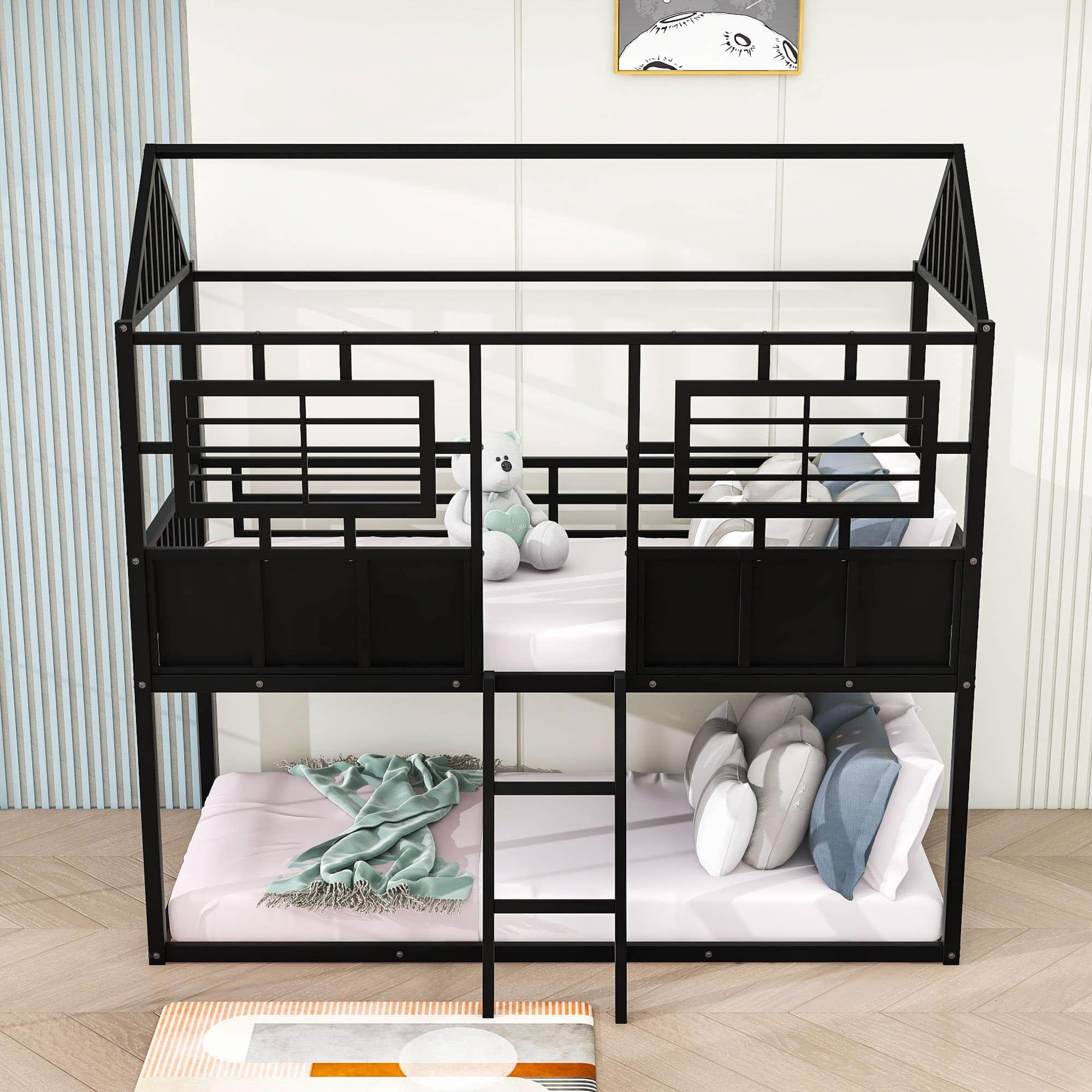 Twin Over Twin Low House Bunk Beds for Kids, Toddler - [Metal, Floor, Black]