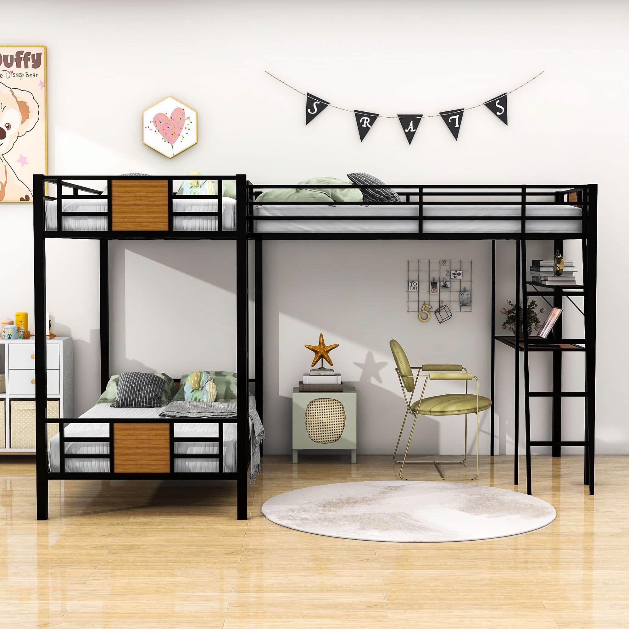 Twin Over Twin Loft Triple Bunk Beds with Desk and Storage for Kids - Metal