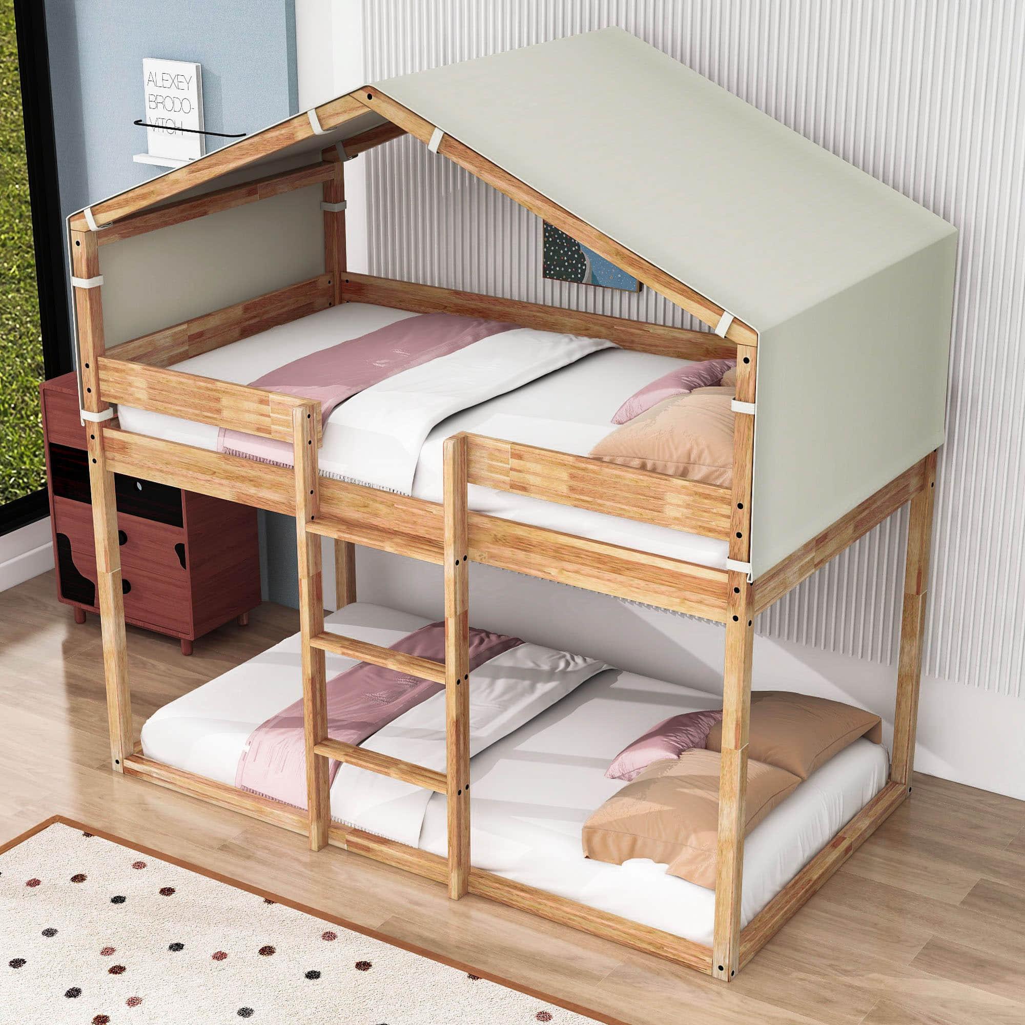 Solid Wood Low Twin Over Twin House Bunk Beds with Tent for Kids Toddler