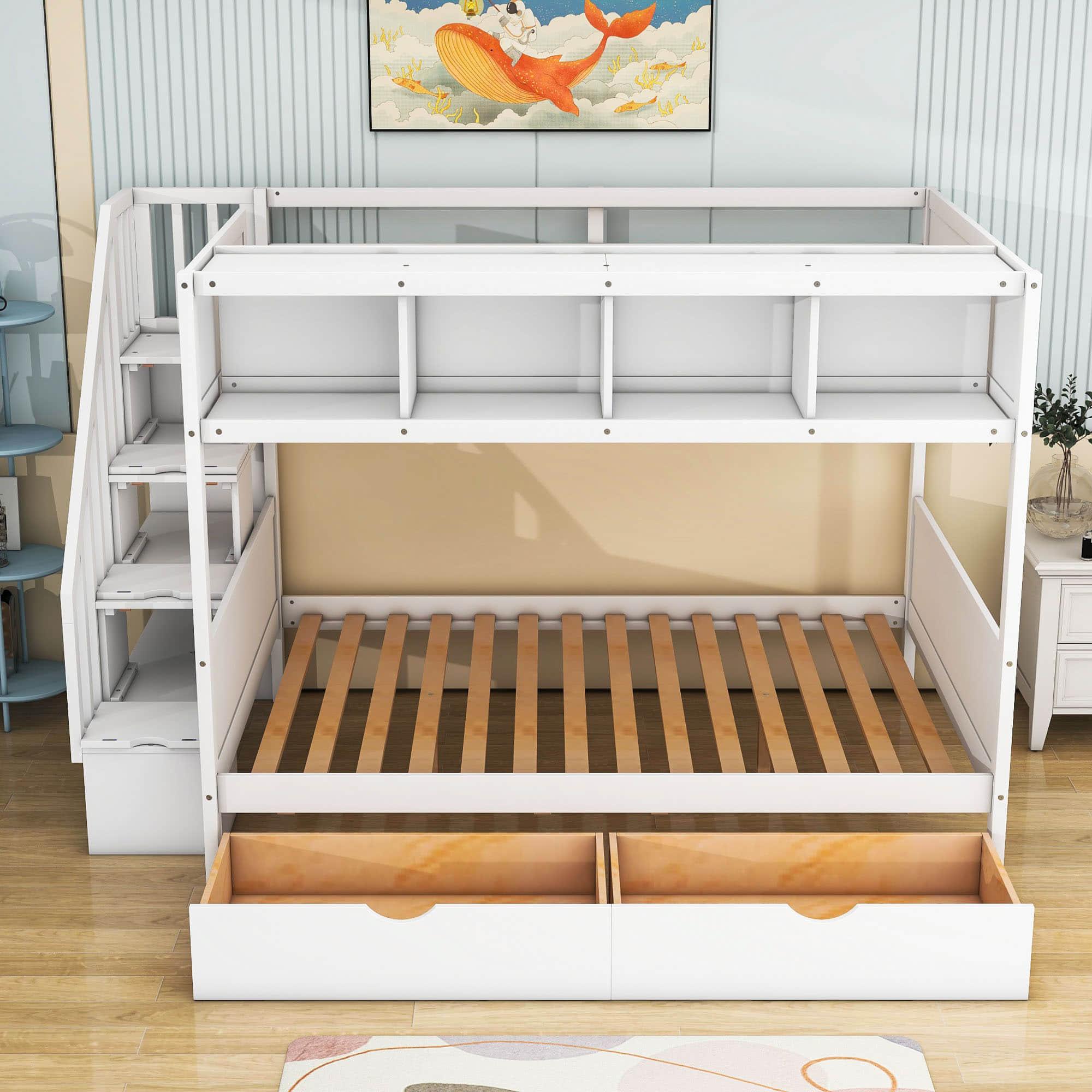 Twin Over Full Bunk Beds with Stairs and Storage for Adults - [Wooden, Drawers, Bookcase]