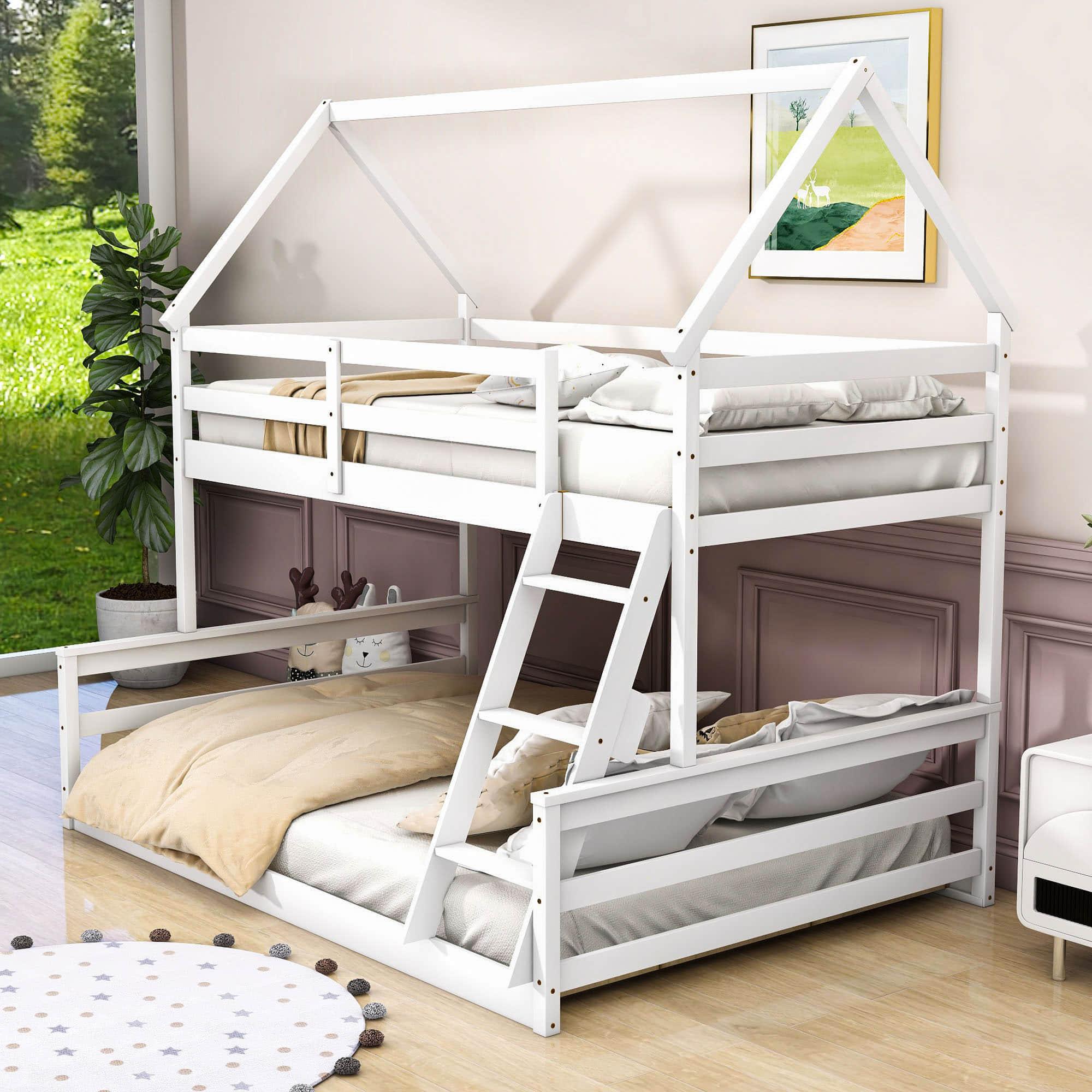 Montessori Low Twin Over Full House Bunk Beds for Kids Toddler - [Wooden, Convertible]