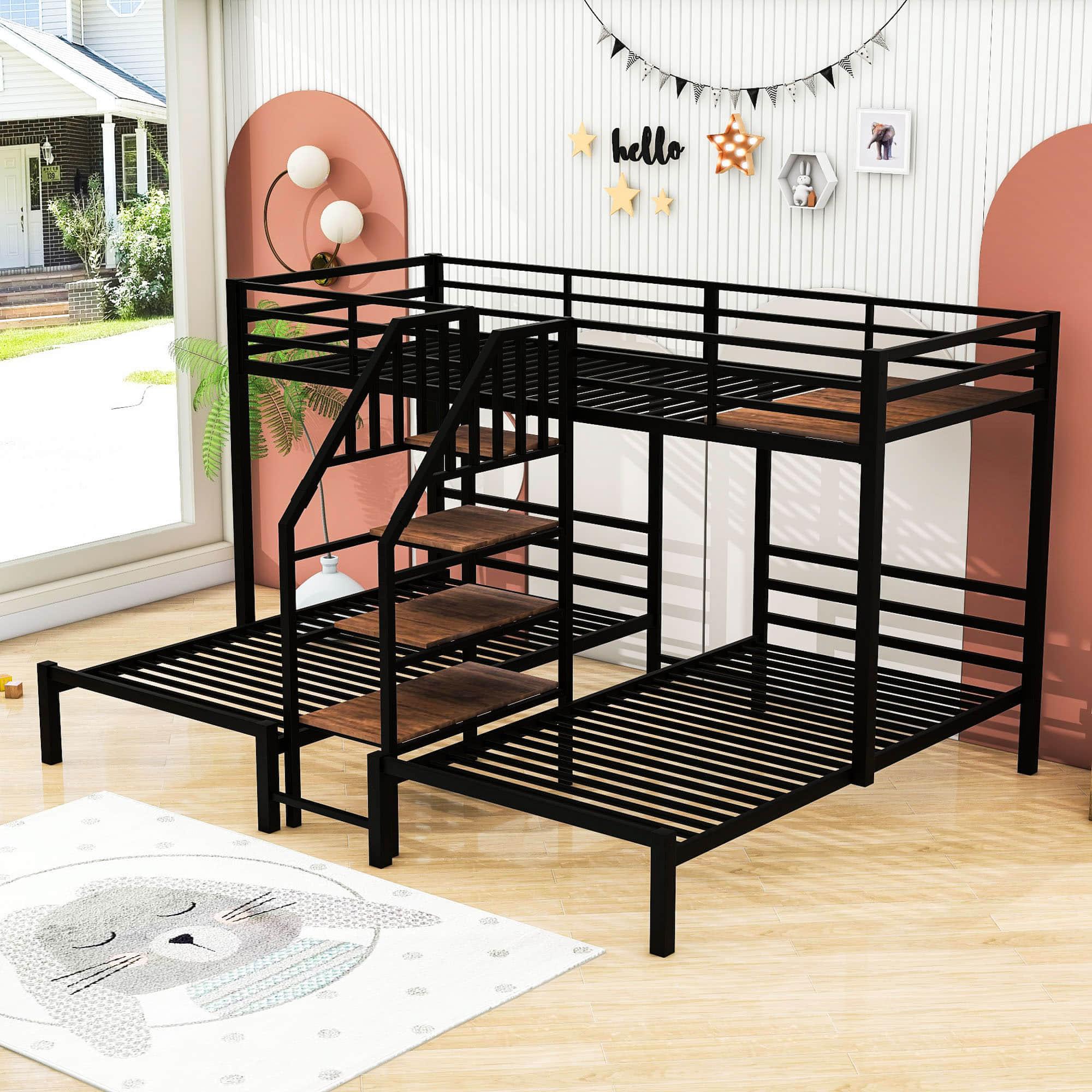 Twin Over Twin & Twin Triple Bunk Beds with Stairs and Storage - [Metal, Shelves]