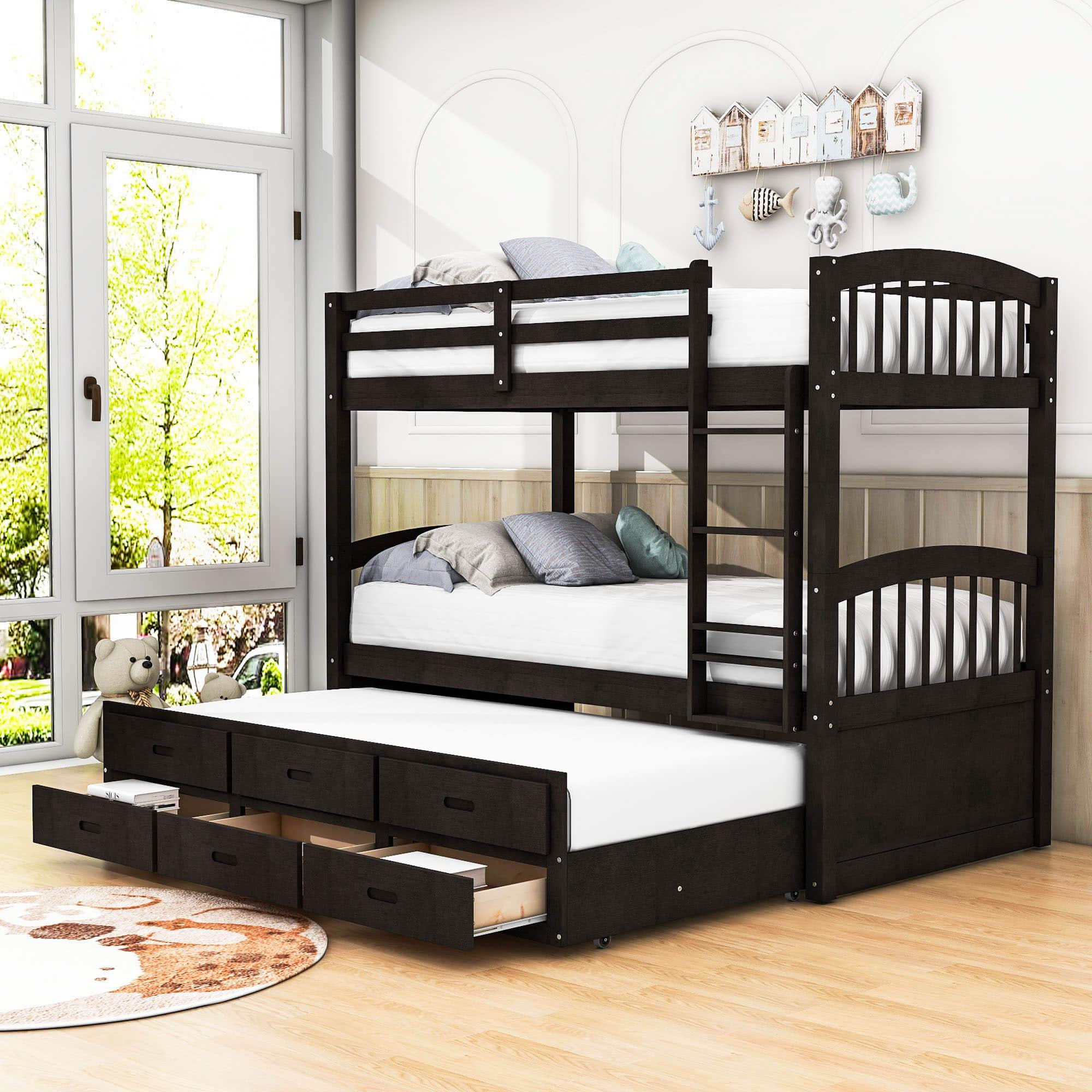 Twin Over Twin Convertible Bunk Beds with Trundle and Storage - [Wooden]