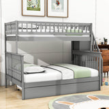 Wooden Twin Over Full Bunk Bed with Stairs and Trundle, Storage Shelves