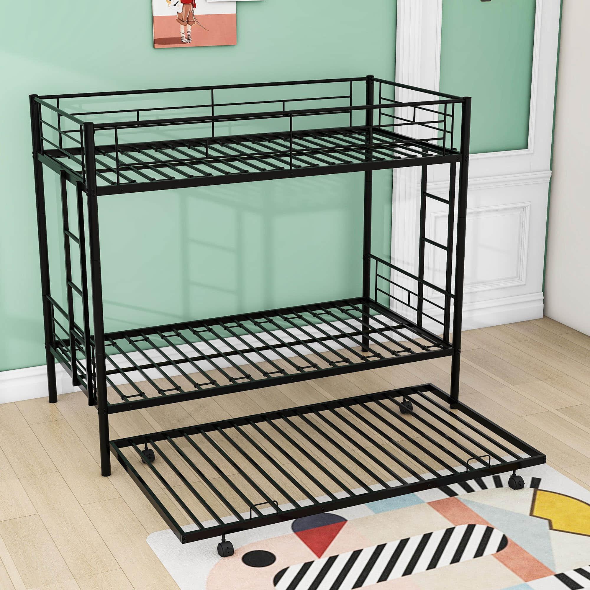 Metal Twin Over Twin Bunk Bed with Trundle - [Convertible, Noise Reduced]