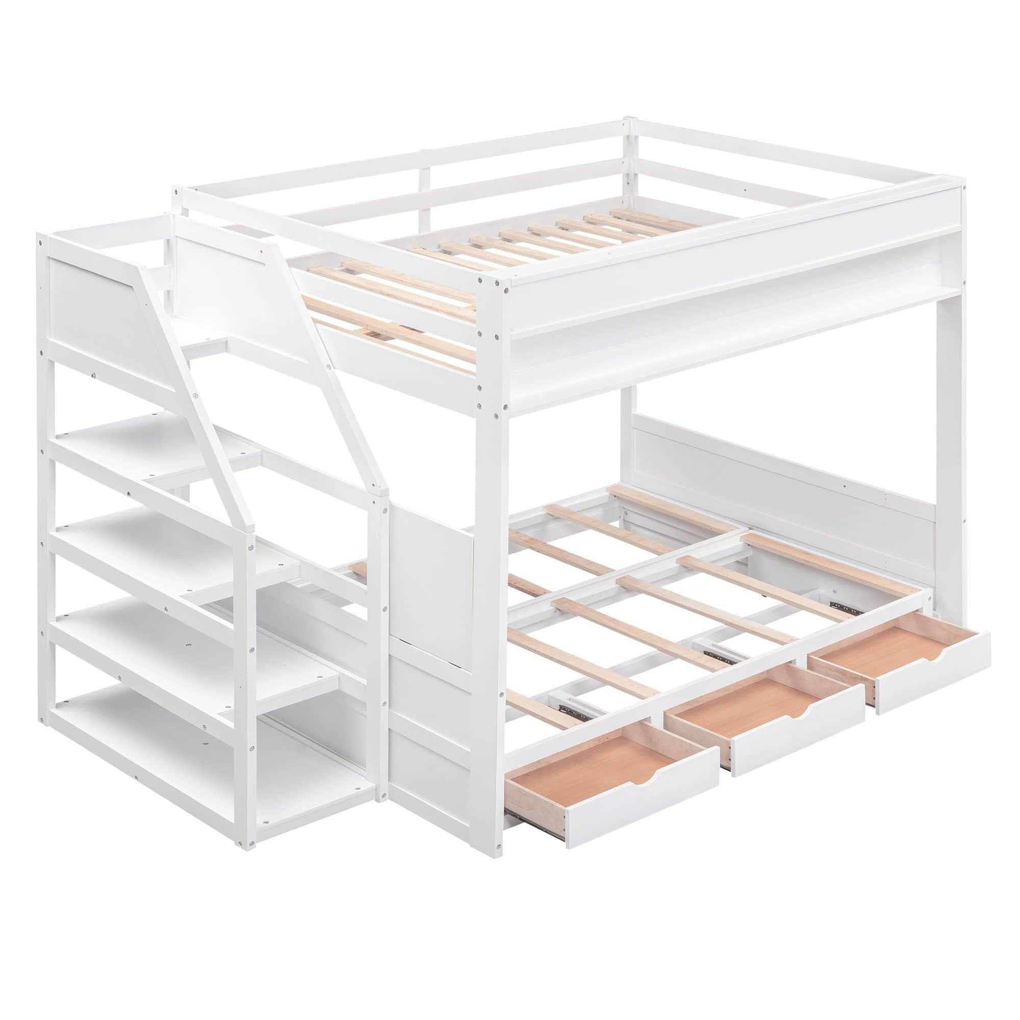 Full Futon Bunk Beds Couch with Stairs and Storage - [Wooden, Drawers, Shelves]