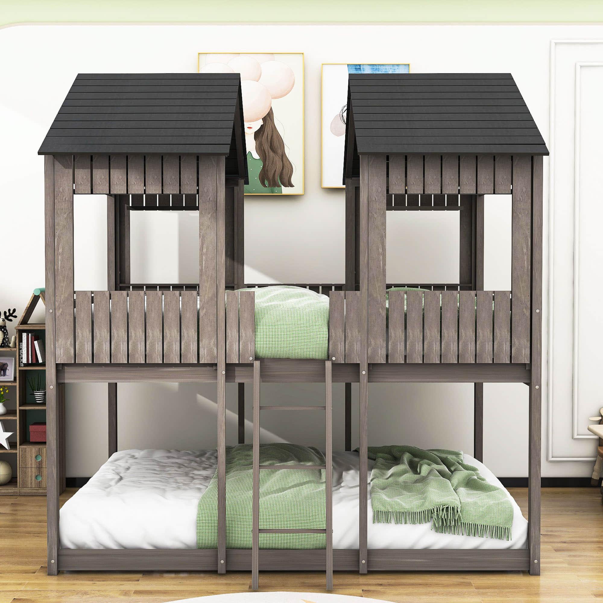 Wooden Full Over Full House Bunk Beds for Kids Toddler - Low, Floor