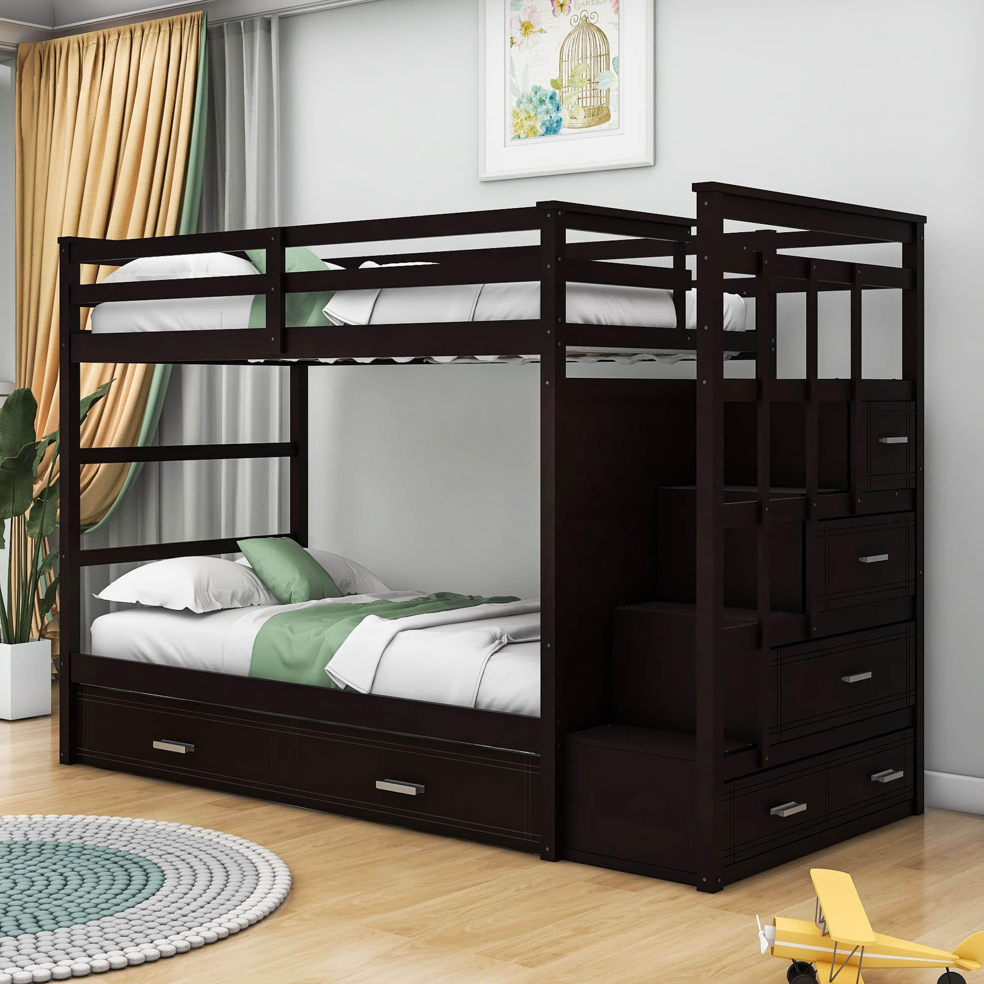 Twin Over Twin Bunk Beds with Stairs, Storage and Trundle - [Wooden, Drawers]