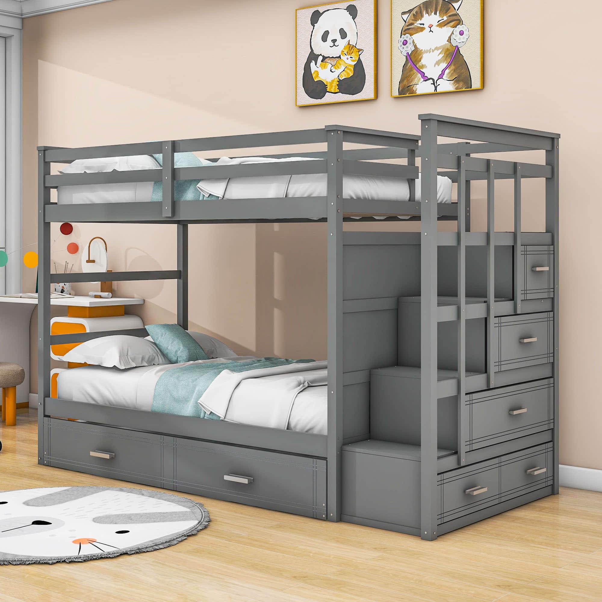 Twin Over Twin Bunk Beds with Stairs, Storage and Trundle - [Wooden, Drawers]