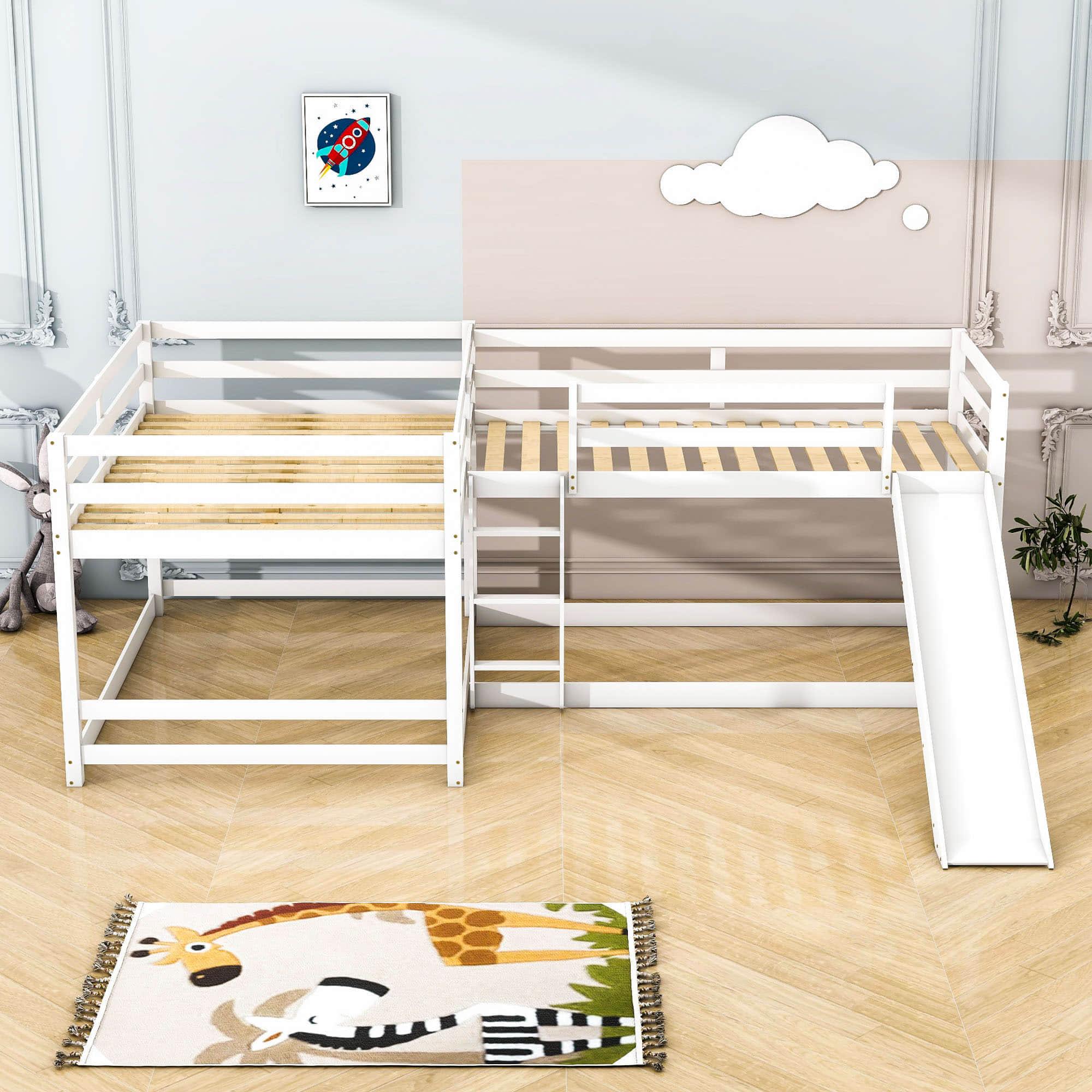 Corner Full and Twin Quad Bunk Beds with Slide - [Wooden, Convertible, L-Shaped]