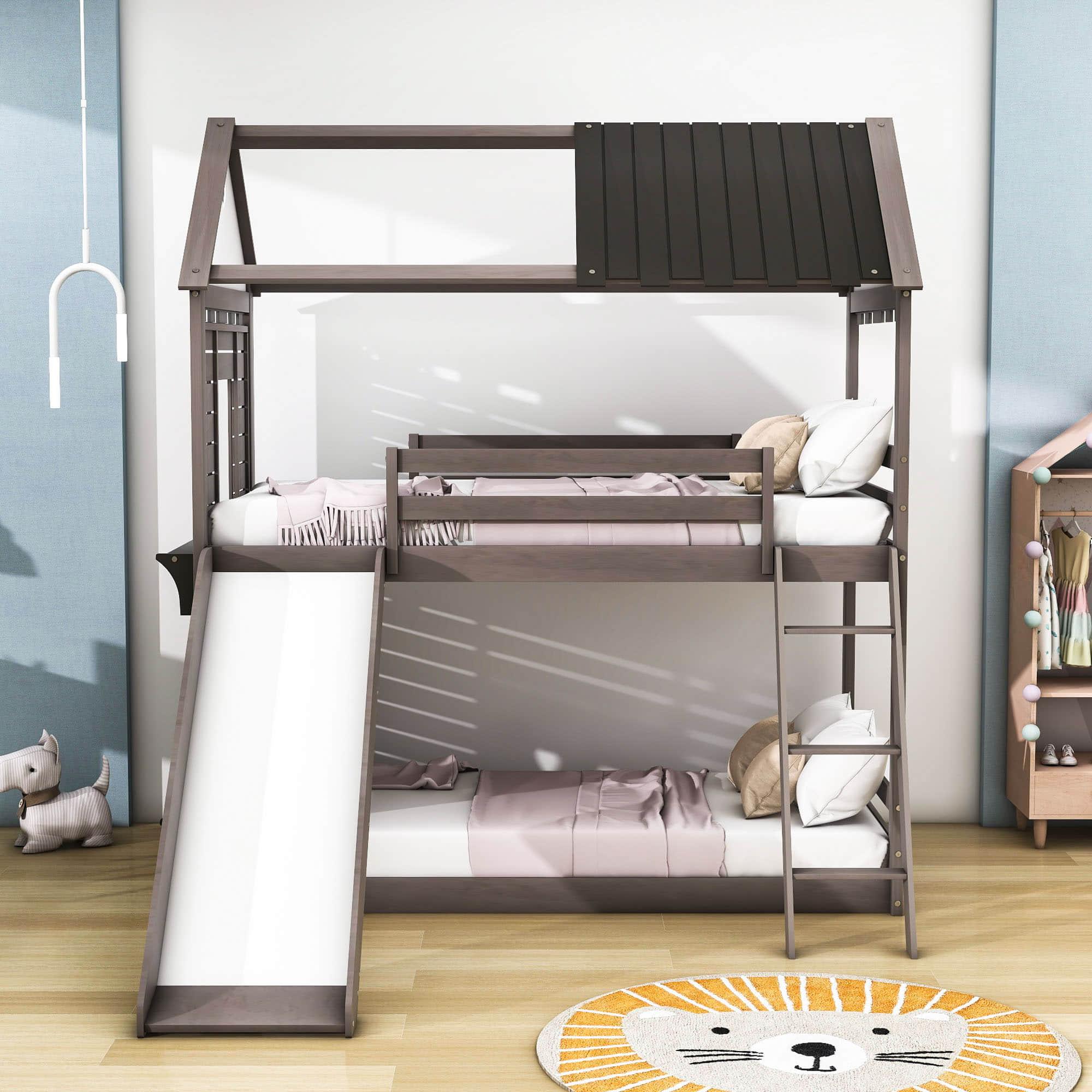 Low Twin Over Twin FarmHouse Bunk Beds with Slide for Kids, Toddler - [Wood, Floor]