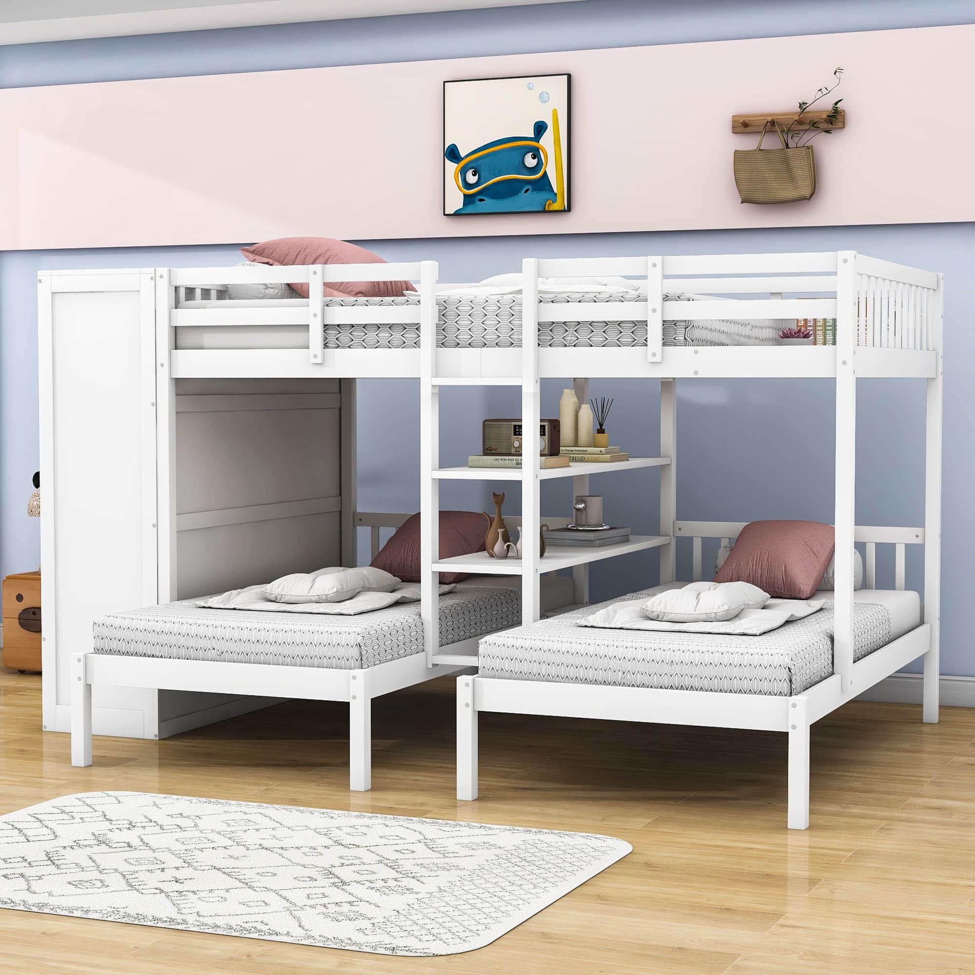 Low Full Over Twin&Twin Triple Bunk Bed with Storage for Kids - [Wardrobe]