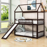 Twin Over Twin Low House Bunk Bed with Slide and Ladder - [Floor, Interchangeable]