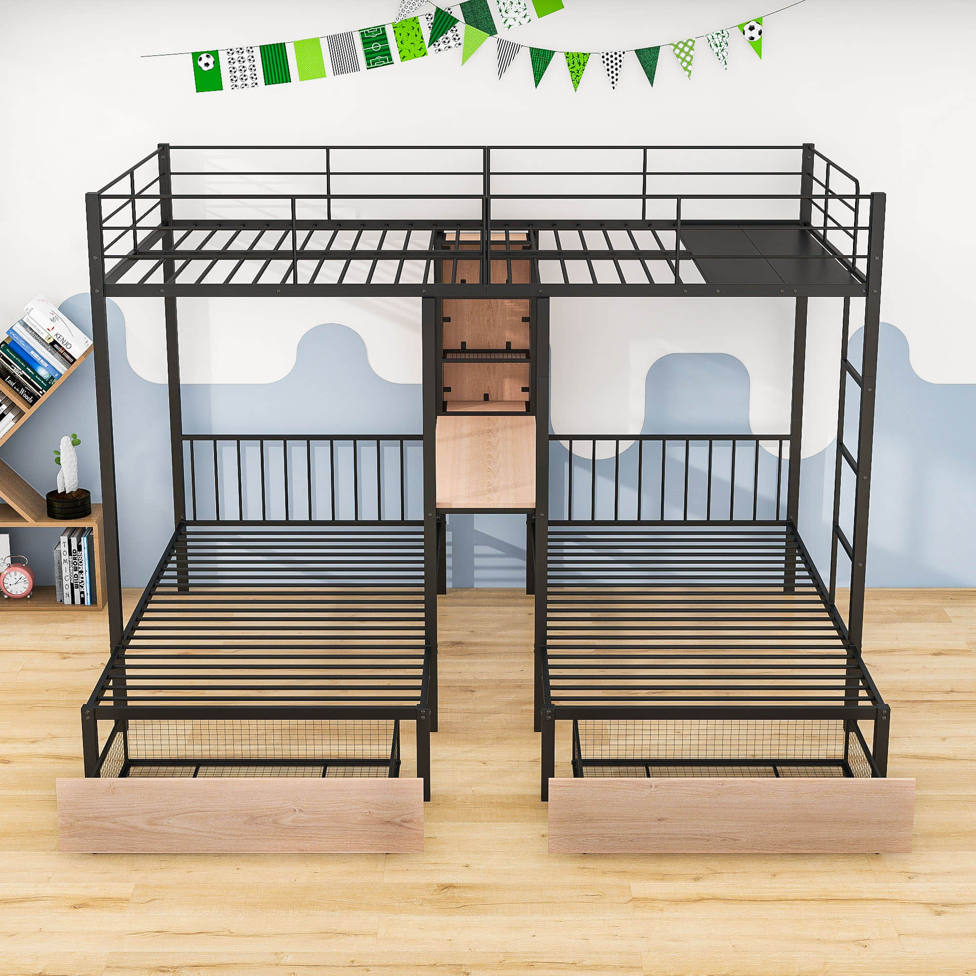 L-Shaped Full Over Twin & Twin Metal Triple Bunk Bed with Desk and Storage