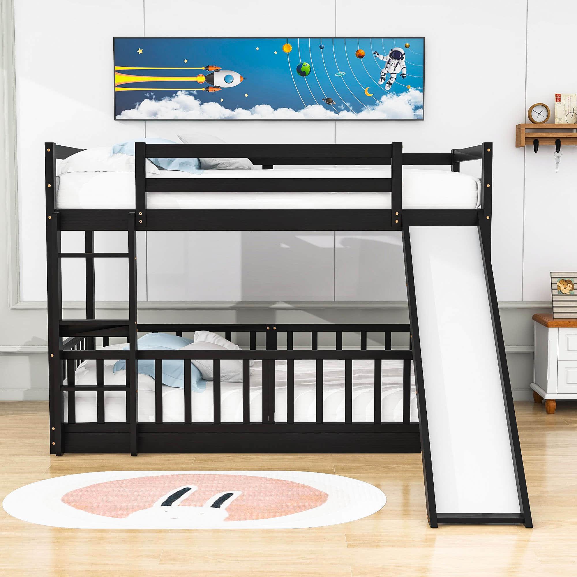 Wooden Twin Over Twin Low Bunk Beds with Slide for Kids, Toddler - [Floor]