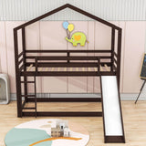 Low Fun Twin Over Twin House Bunk Beds for Kids with Slide - [Floor]