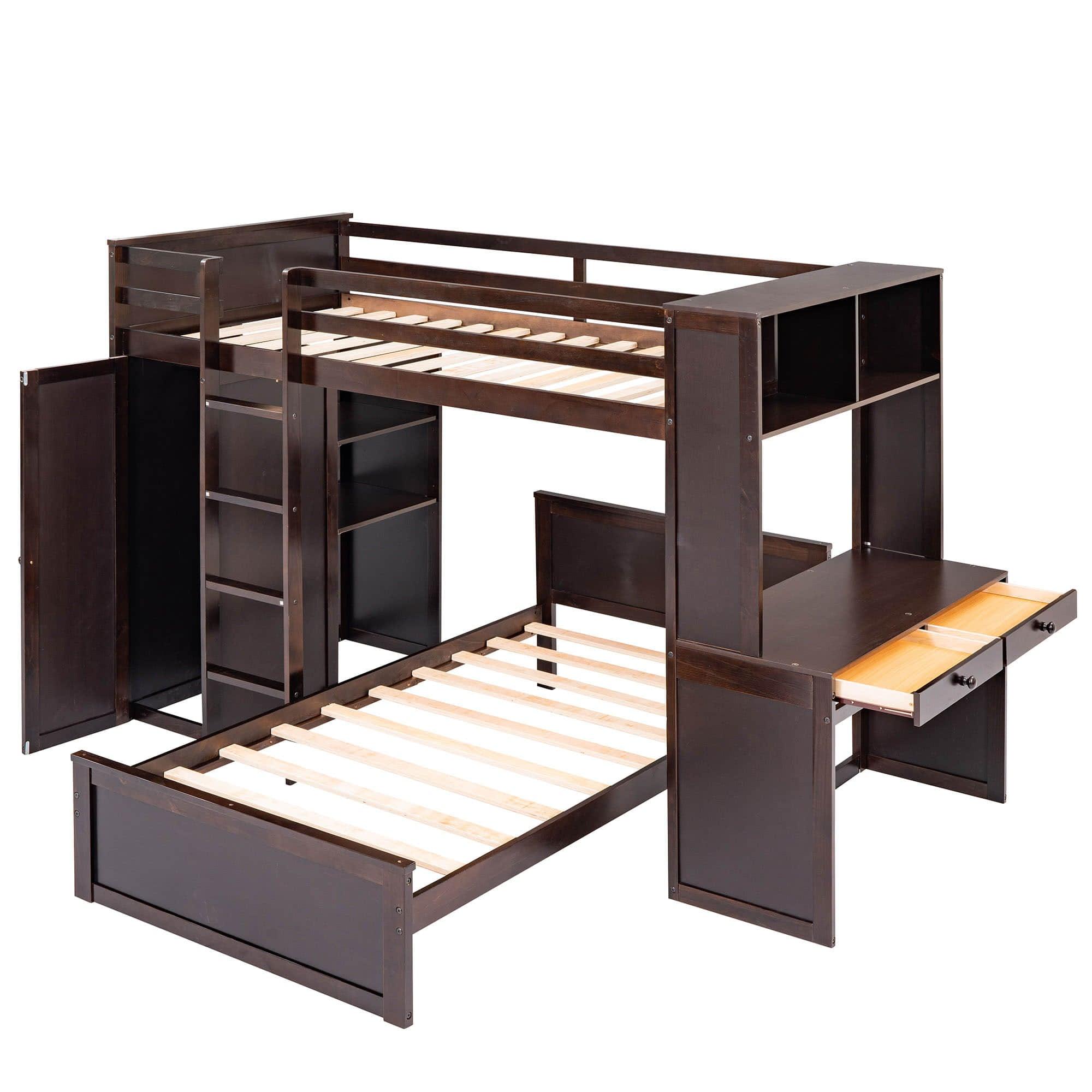 L-Shaped Twin Over Twin Bunk Beds with Desk and Storage - [Wooden, Drawers, Wardrobe]