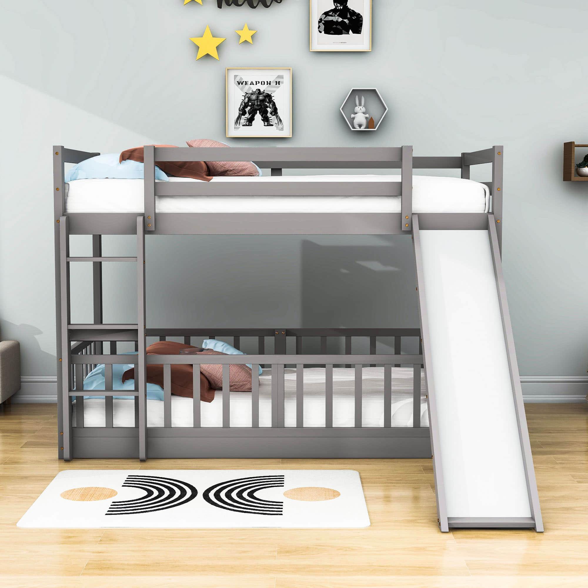 Wooden Twin Over Twin Low Bunk Beds with Slide for Kids, Toddler - [Floor]