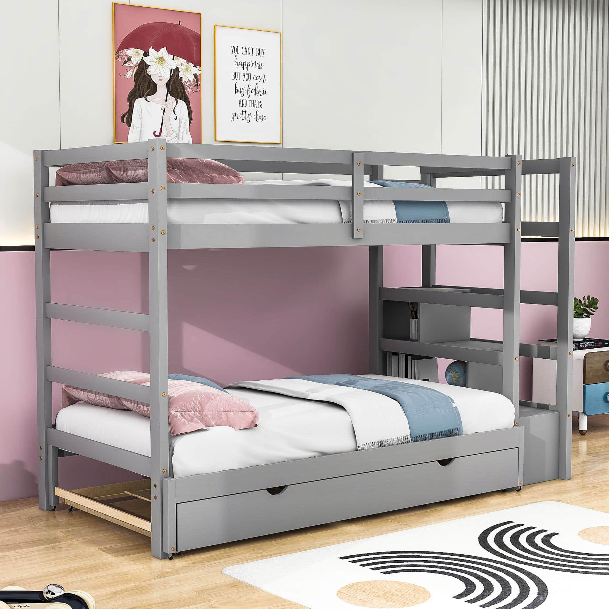 Twin Over Twin/King Convertible Bunk Beds with Stairs and Trundle